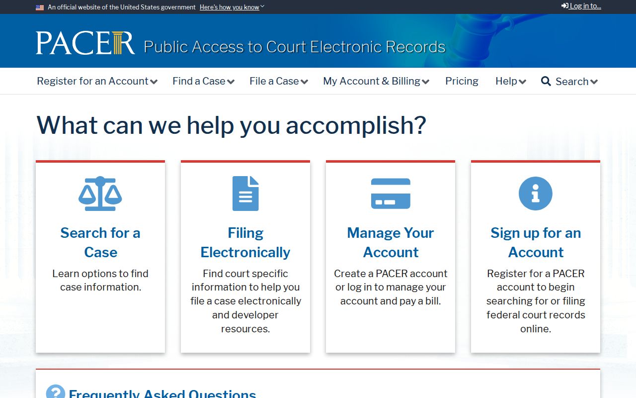 PACER official federal court record search system